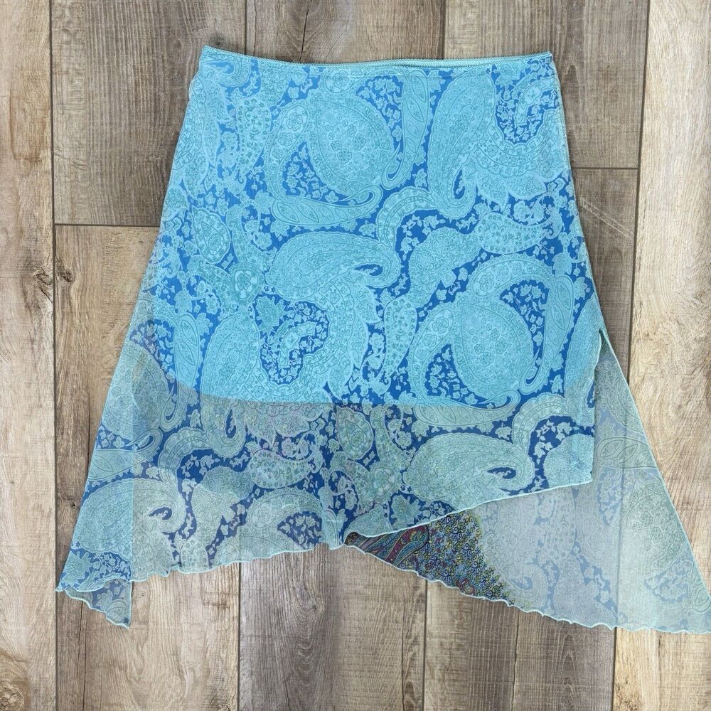 Vtg Y2K Asymmetric Women Fairy Grunge Sheer Skirt Sz L Paisley Blue Artsy Unique - Picture 6 of 11